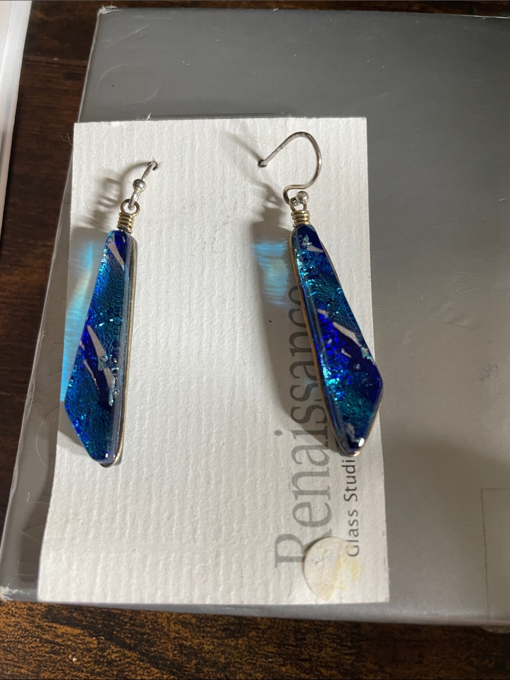 Handmade Renaissance 925 silver Dichroic Glass Dangle Earrings in Blue
